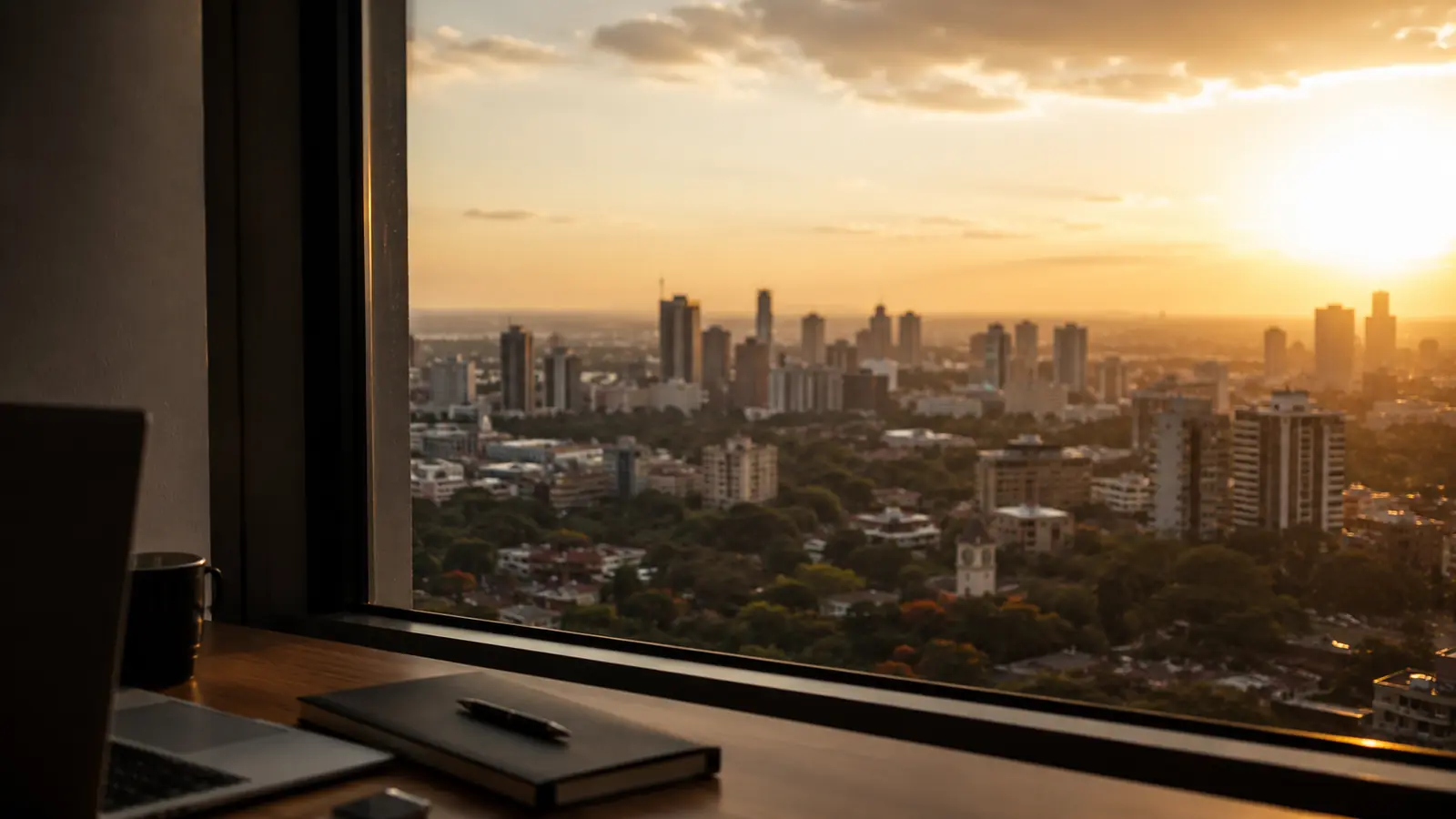 View over Nairobi at sunset from the firm's office window, with a desk and notebook in the foreground